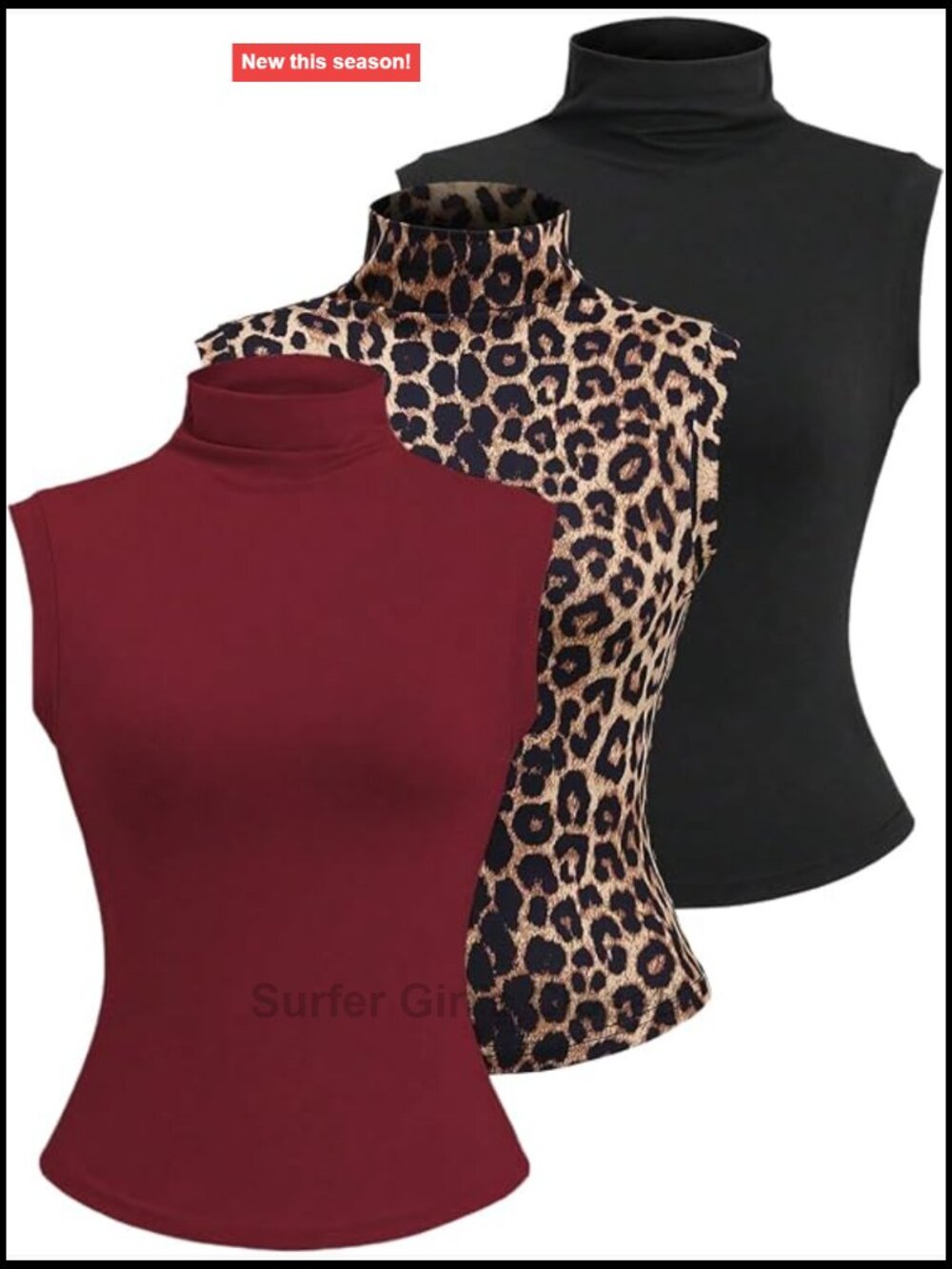 3 Pack Mock Neck Sleeveless Tank Tops Leopard Print Fitted